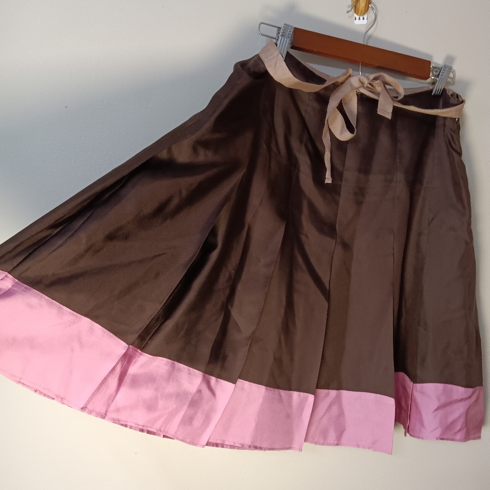 Charming! GAP Y2K 100% Silk Pleated Midi Skirt Sz 8 10 Brown Pink Beige Lined